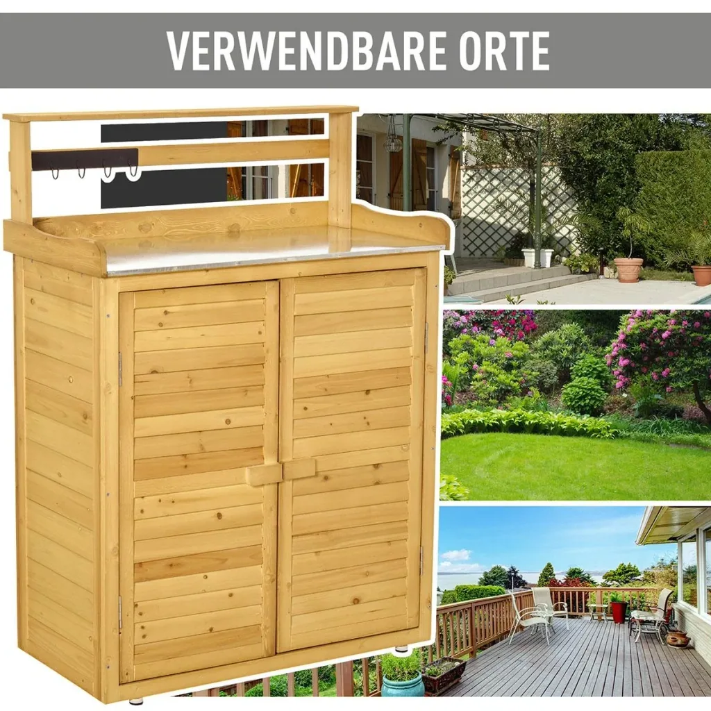 Gartenschrank Pflanztisch mit Unterschrank Geräteschrank mit Arbeitsfläche 3 Fächern Gartentisch mit Unterschrank 2 Türe