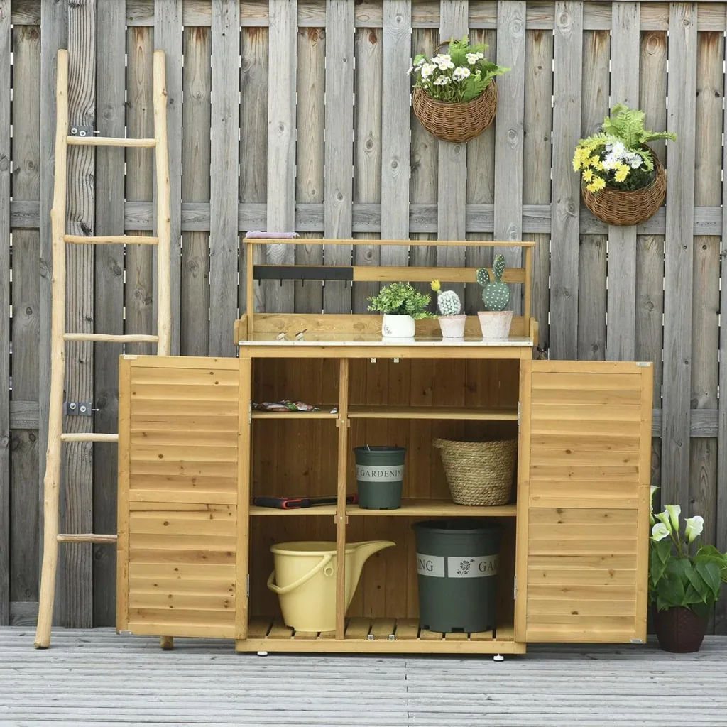 Gartenschrank Pflanztisch mit Unterschrank Geräteschrank mit Arbeitsfläche 3 Fächern Gartentisch mit Unterschrank 2 Türe