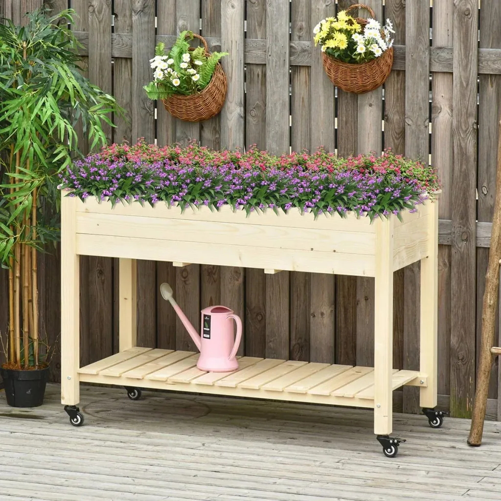 Hochbeet mit Rädern und Regalboden Natur