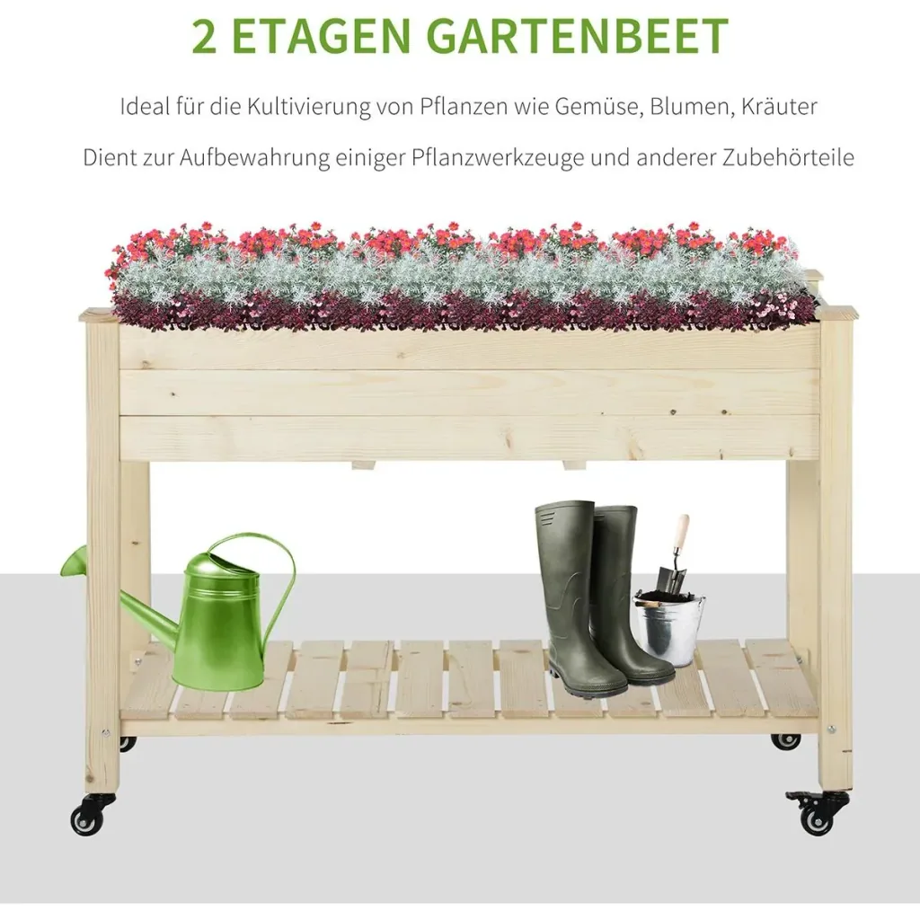 Hochbeet mit Rädern und Regalboden Natur