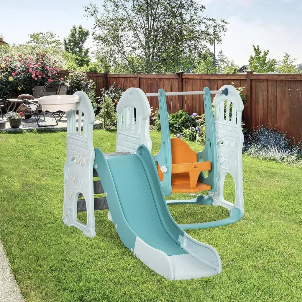 3 in 1 Kinderrutsche Kinderschaukel Set Spielturm für Kinder 18 bis 48 Monaten Kinder Spielplatz mit Basketballkorb HDPE