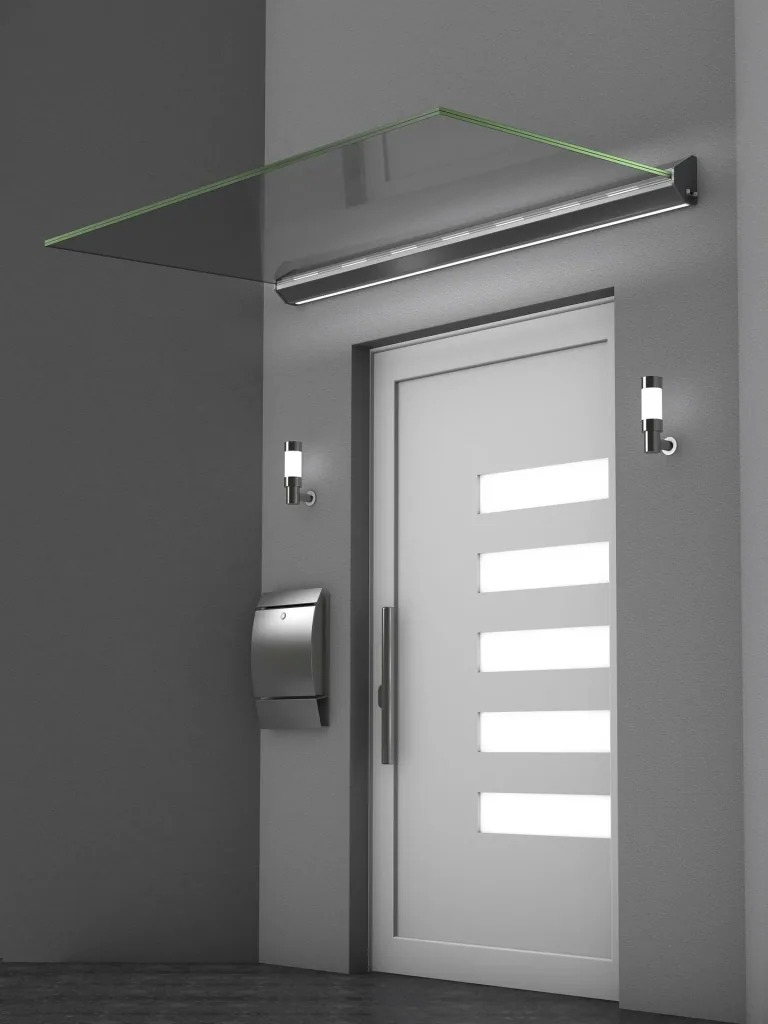 Echtglasvordach LED - 3-teilig,160 x 93,5 x 13,5 cm Aluminium Silber, VSG 2 x 8 mm, klar