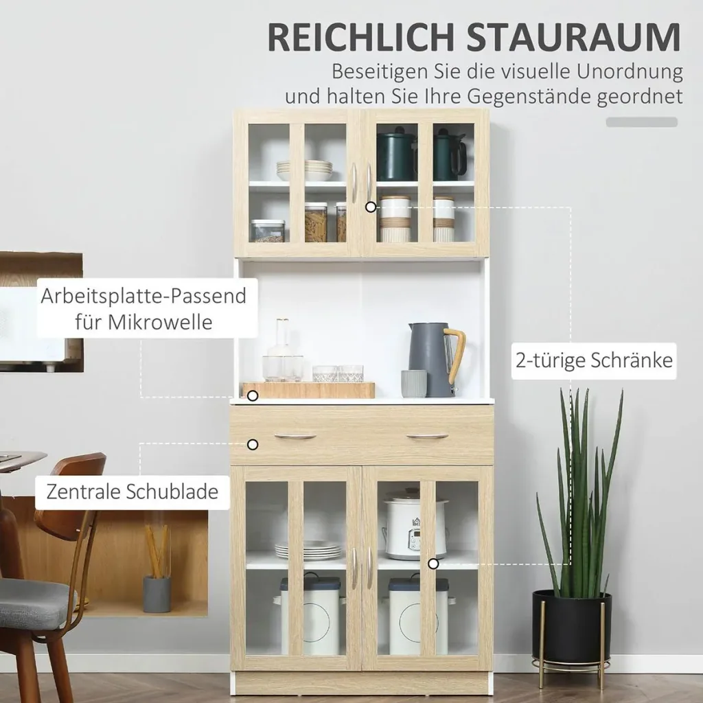 Küchenschrank 180 cm Küchenbuffet Hochschrank mit Glastüren Geschirrschrank Esszimmerschrank mit Schubladen Schrank ele