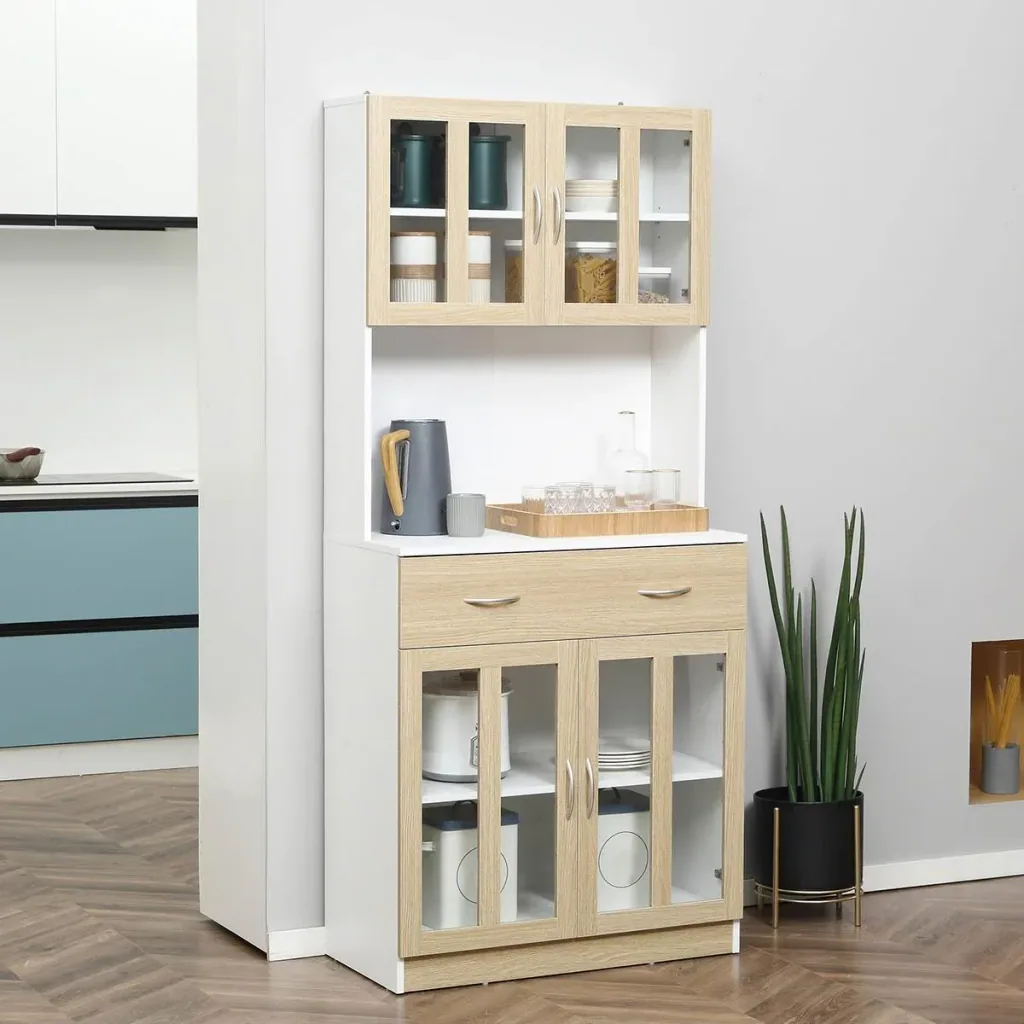 Küchenschrank 180 cm Küchenbuffet Hochschrank mit Glastüren Geschirrschrank Esszimmerschrank mit Schubladen Schrank ele