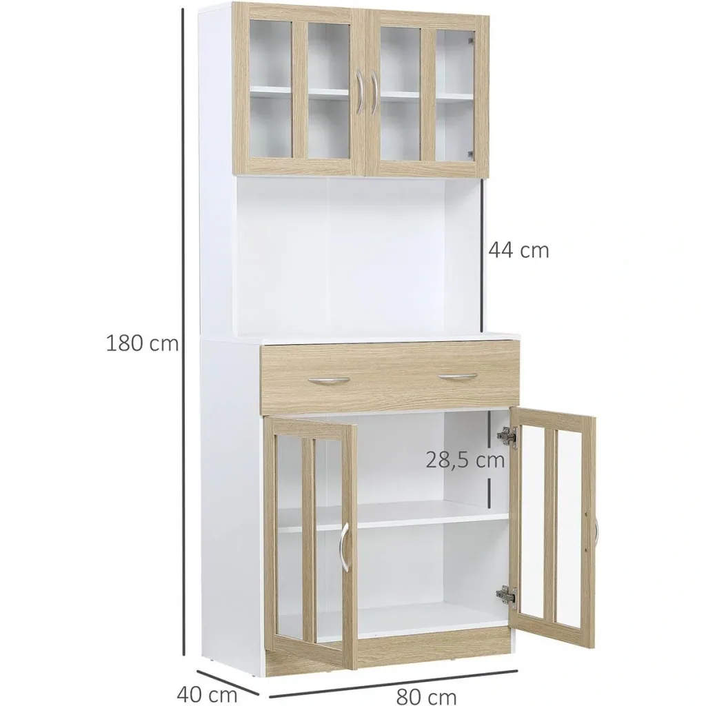 Küchenschrank 180 cm Küchenbuffet Hochschrank mit Glastüren Geschirrschrank Esszimmerschrank mit Schubladen Schrank ele