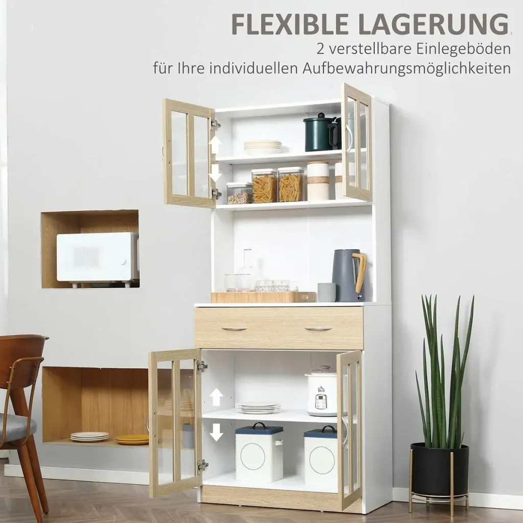 Küchenschrank 180 cm Küchenbuffet Hochschrank mit Glastüren Geschirrschrank Esszimmerschrank mit Schubladen Schrank ele