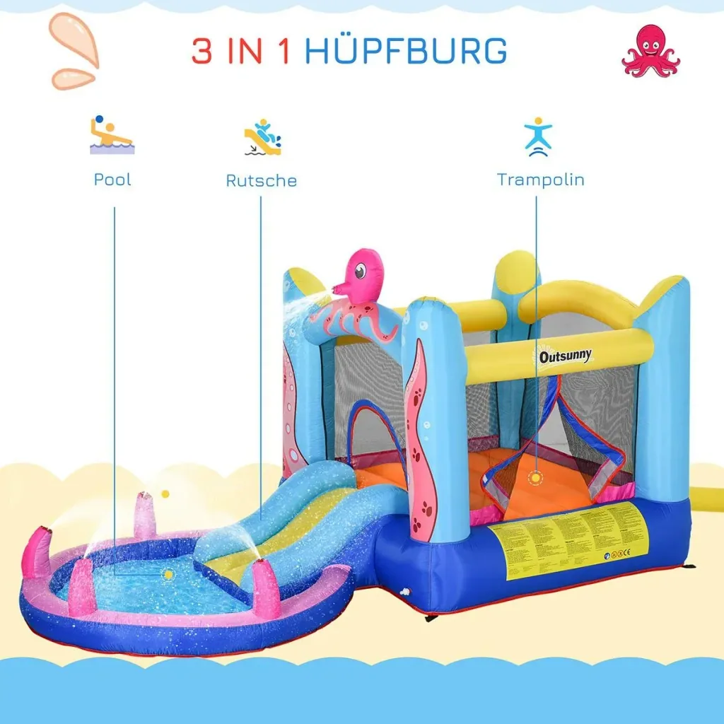 Aufblasbare Hüpfburg mit Rutsche für 3 Kinder Burg Springburg mit Gebläse Spielburg Spielhaus für 3-8 Jahre Kindergarten