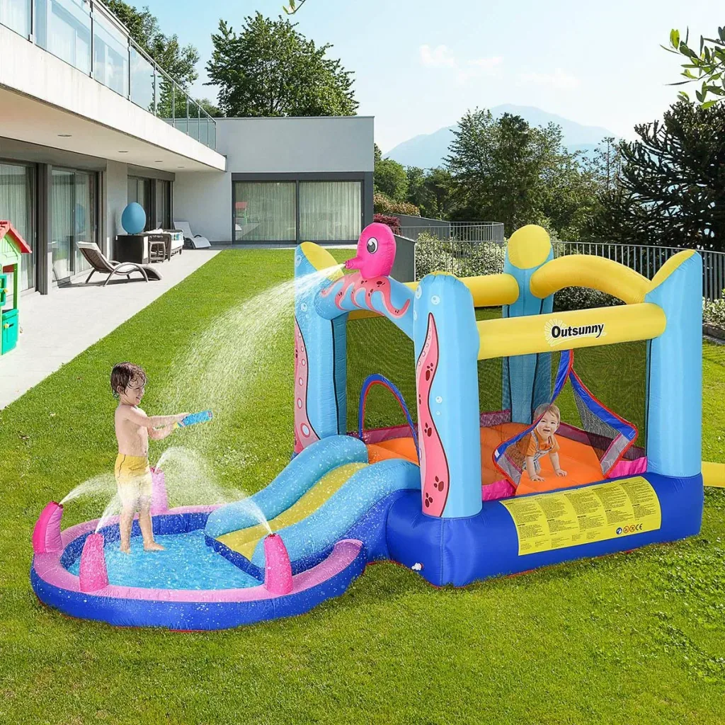 Aufblasbare Hüpfburg mit Rutsche für 3 Kinder Burg Springburg mit Gebläse Spielburg Spielhaus für 3-8 Jahre Kindergarten
