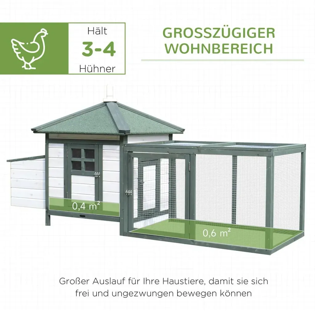 Zwerghühnerstall mit Auslauf Stall mit Sitzstangen Nistkasten Massivholz Weiß+Grün 196 x 76 x 97 cm