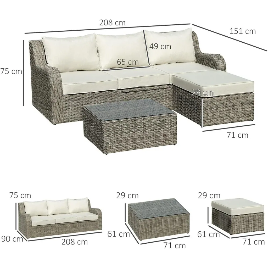 Dreiteilige Sofagarnitur in Rattanoptik mit klappbarem Beistelltisch, hellgrau+beige