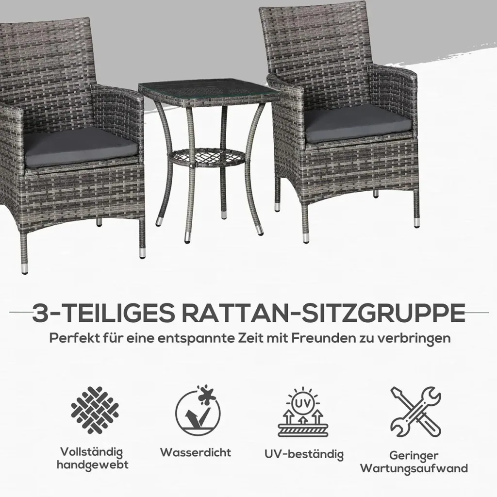 Dreiteilige Sofagarnitur in Rattanoptik mit klappbarem Beistelltisch, hellgrau+beige