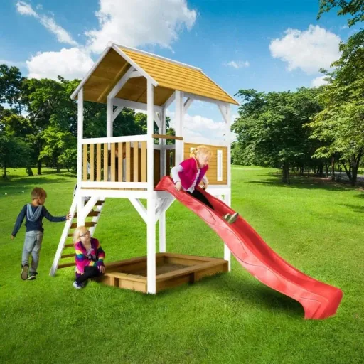 Pumba Spielturm Braun/Weiß - Rote Rutsche