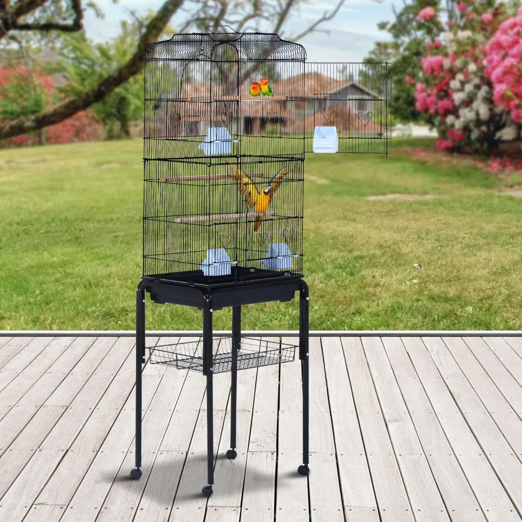 Vogelhaus Vogelkäfig Vogelvoliere für Papagei Wellensittich Vogelbauer mit rollbarem Ständer Schwarz 47,5x37x153cm