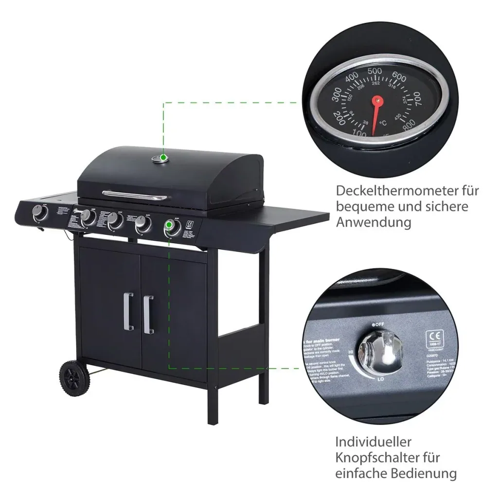 Gasgrill BBQ Grillwagen mit 4 Brennern 1 Seitenbrenner Schrank Multifunktion Metall Schwarz 125 x 51 x 100 cm