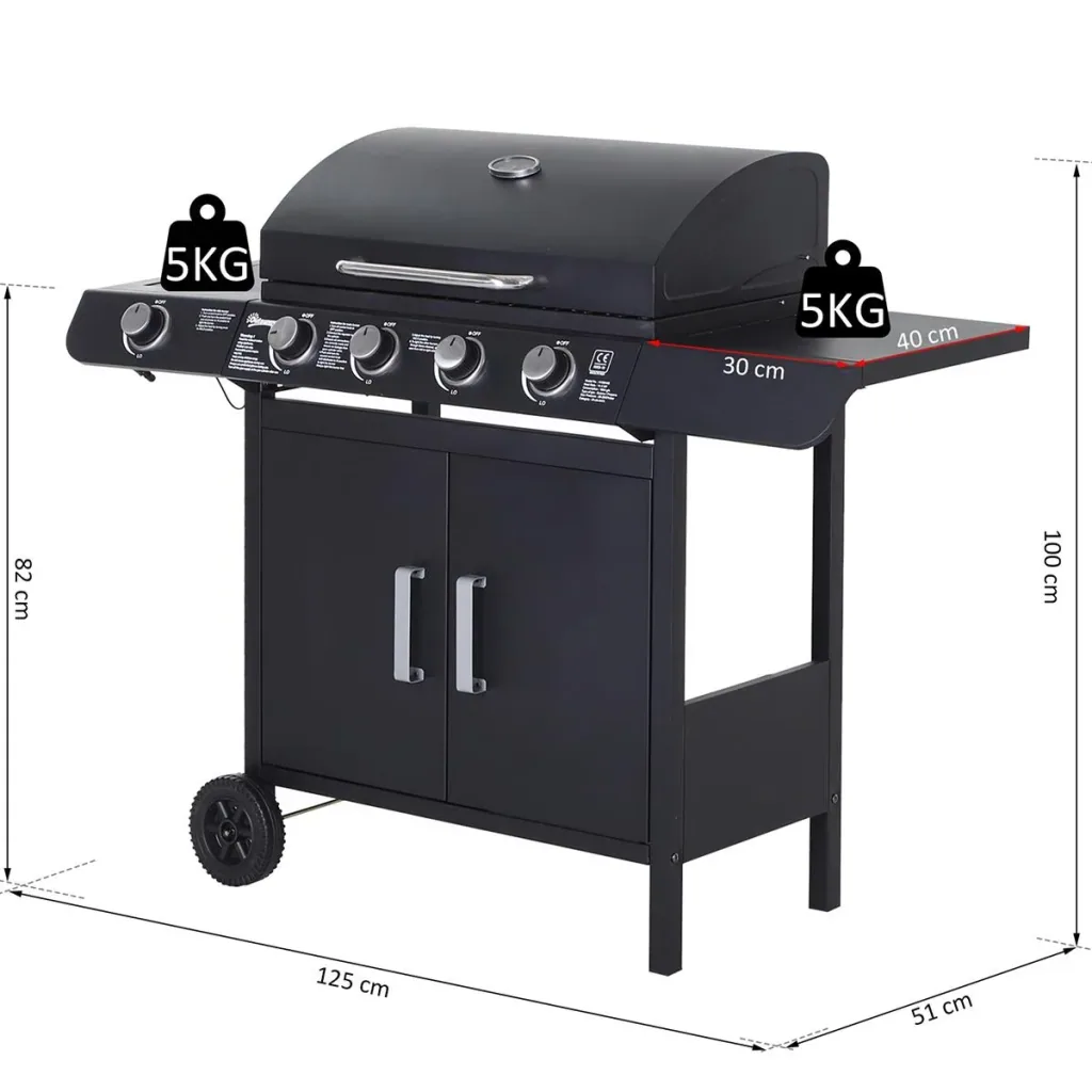 Gasgrill BBQ Grillwagen mit 4 Brennern 1 Seitenbrenner Schrank Multifunktion Metall Schwarz 125 x 51 x 100 cm