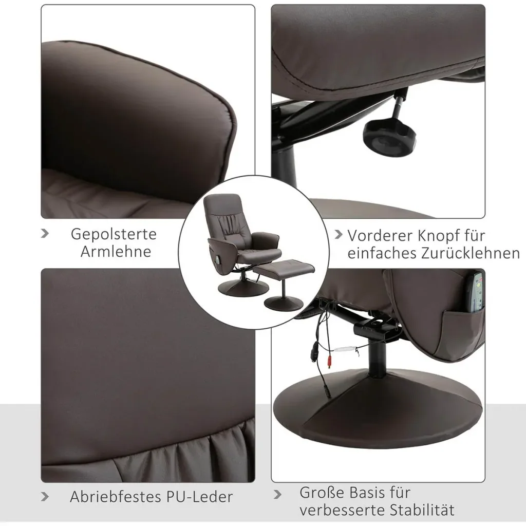 Massagesessel mit Fußhocker Relaxsessel Massagesessel TV-Sessel145°-Neigung Kunstleder Braun 76 x 81 x 105 cm