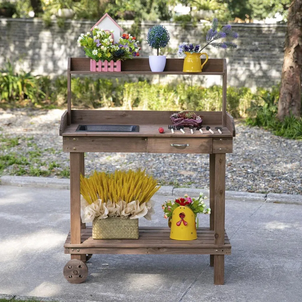 Pflanztisch mit Schublade 2 Stufen Gärtnertisch mit waschbecken und Rollen Garten Tannenholz Braun 92 x 45 x 119 cm