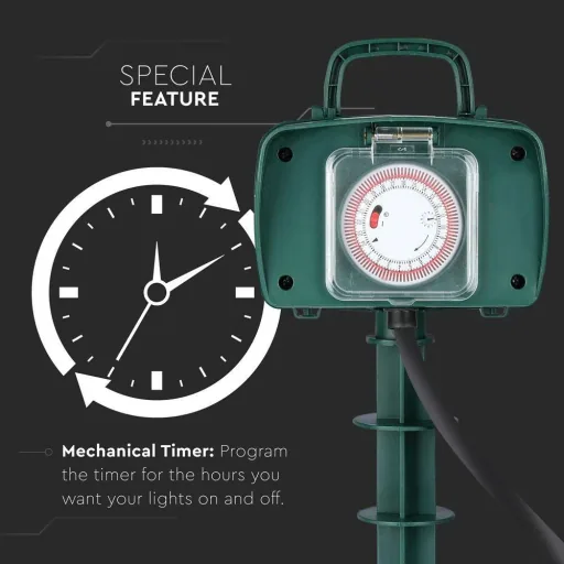 VT-1112-3 Gartensteckdose mit Zeitschaltuhr - 3 Meter - schwarz -IP44