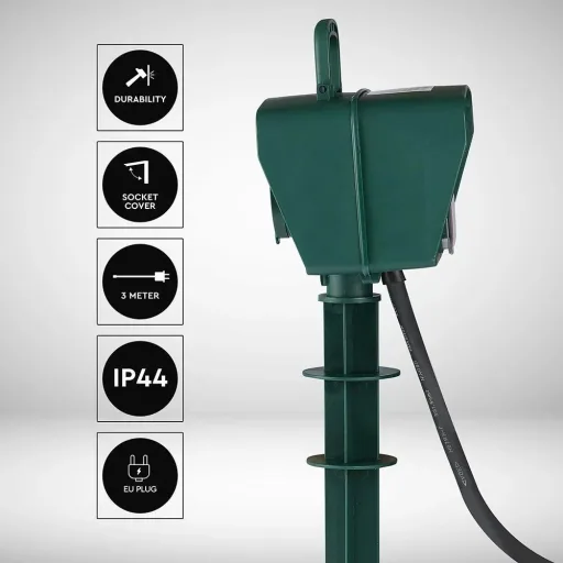 VT-1112-3 Gartensteckdose mit Zeitschaltuhr - 3 Meter - schwarz -IP44