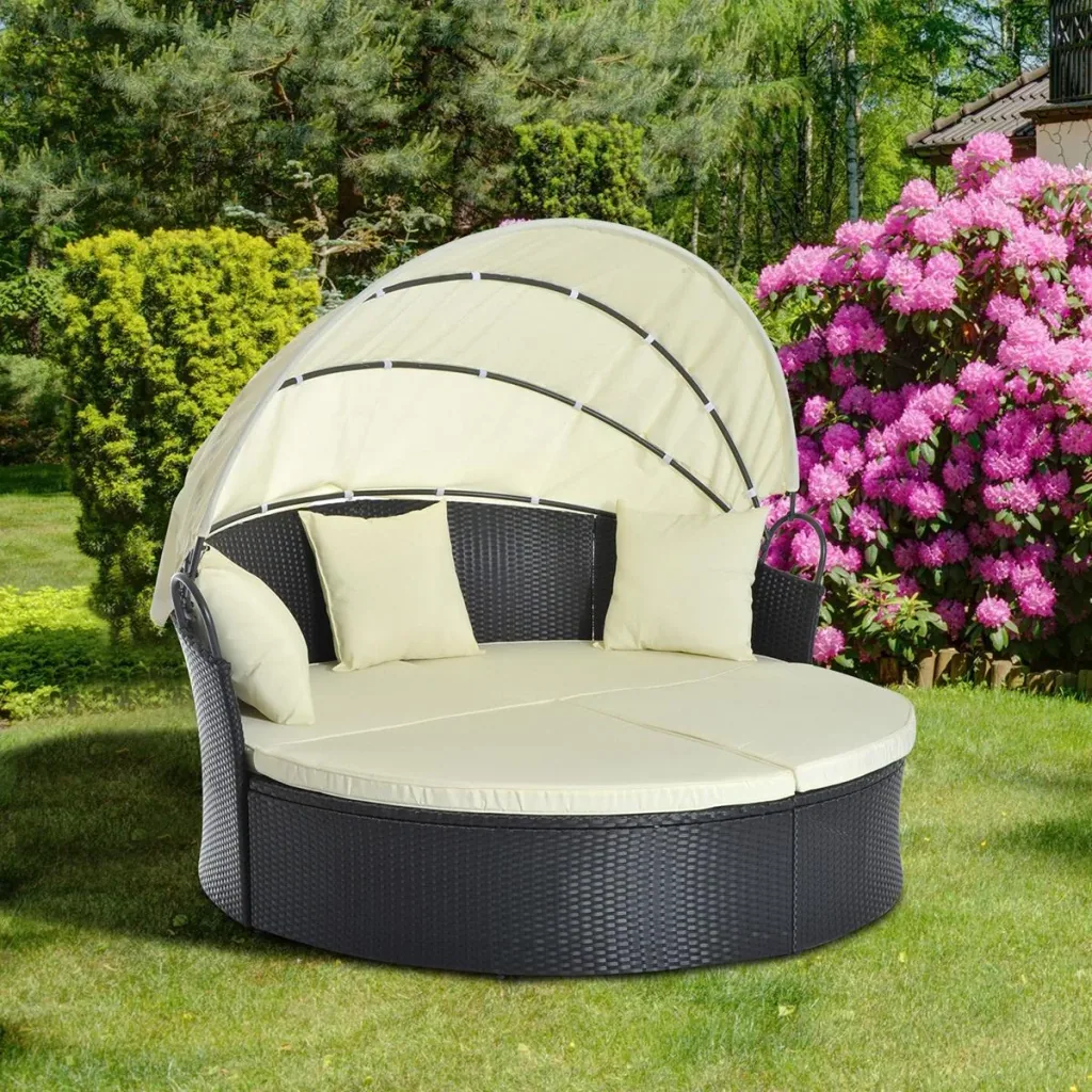 Rattan-Sonneninsel inklusive faltbarem Dach schwarz/cremeweiß