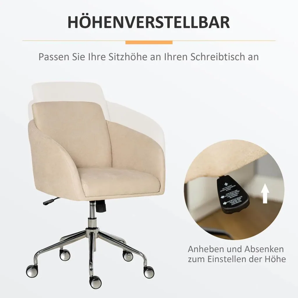 Bürostuhl mittelhoch Schreibtischstuhl Drehstuhl ergonomischer Computerstuhl höhenverstellbar Smat-Touch Metall Beige 64