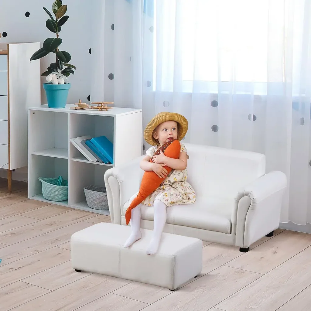 Kindersessel mit Fußhocker, Kindercouch mit Hocker, Kindersofa, Sofa Sessel, Weiß