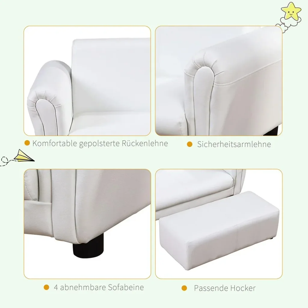 Kindersessel mit Fußhocker, Kindercouch mit Hocker, Kindersofa, Sofa Sessel, Weiß