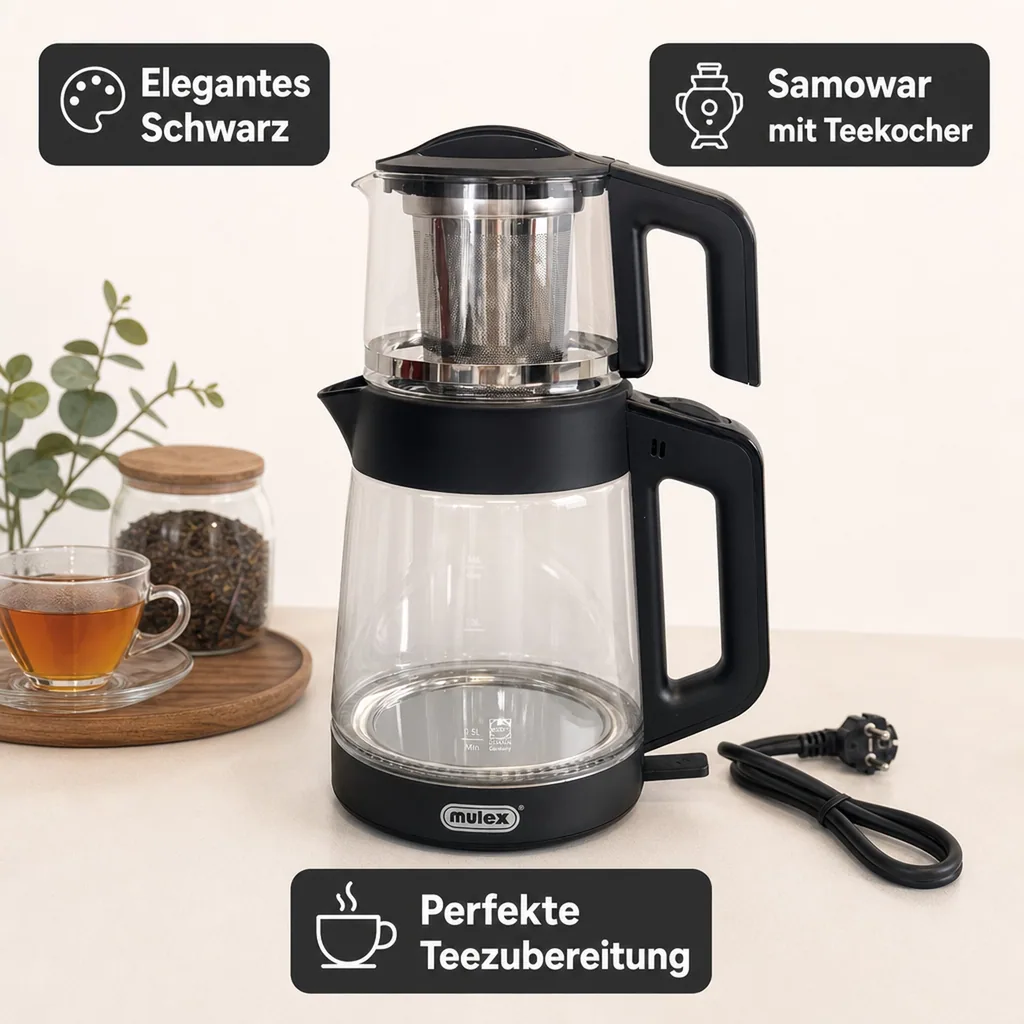 Wasserkocher, Samowar mit Teekocher - Mulex, Tee-Express Glas, Schwarz, 2L