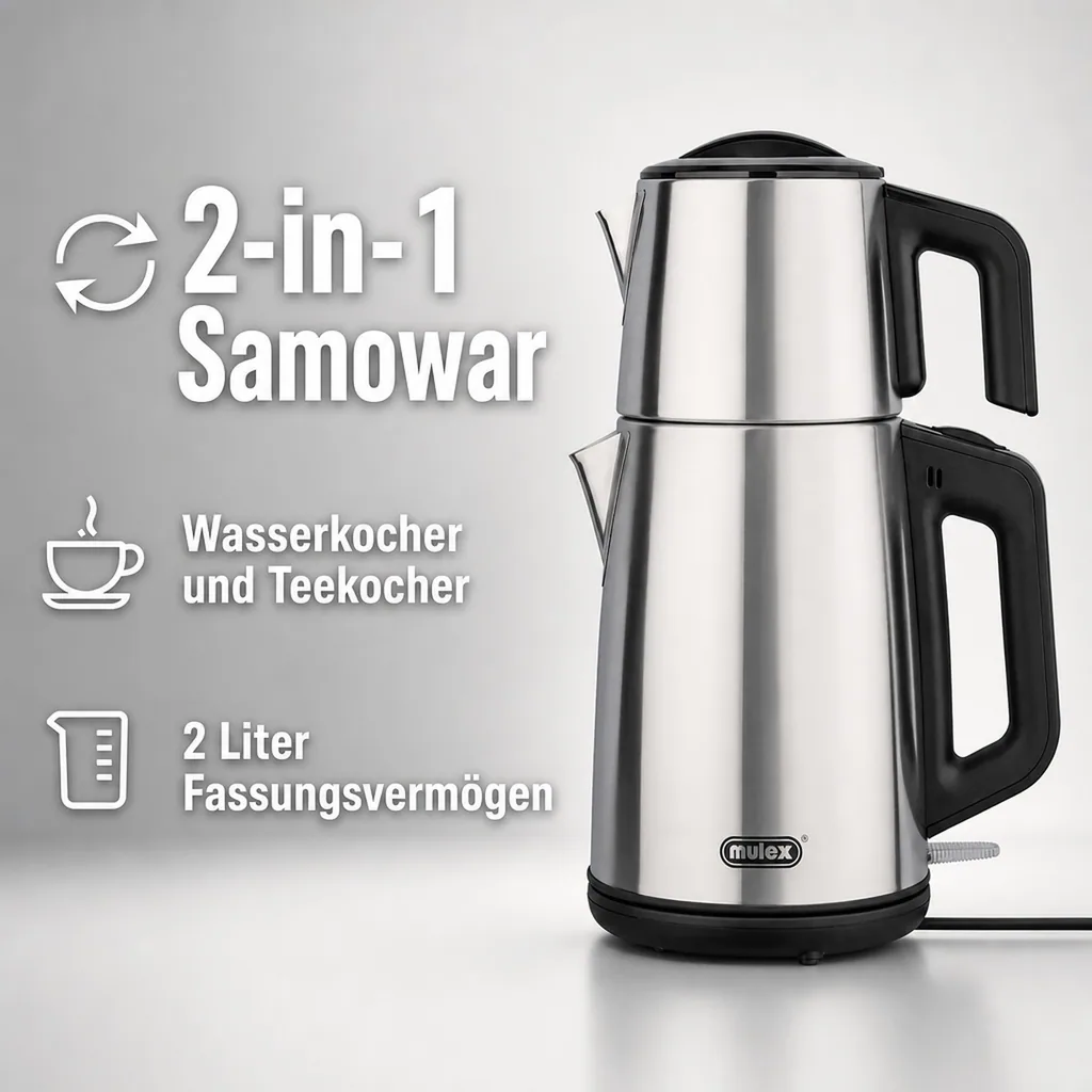 Wasserkocher, Samowar mit Teekocher, Russischer Teekessel Elektrisch - Mulex, Tee-Express, Edelstahl, 2L