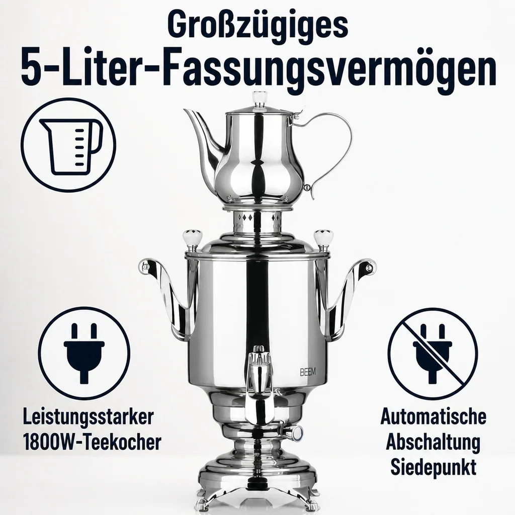 Samowar mit Teekocher, Russischer Teekessel Elektrisch - Romanov III, mit Dispenser, Edelstahl, 5L