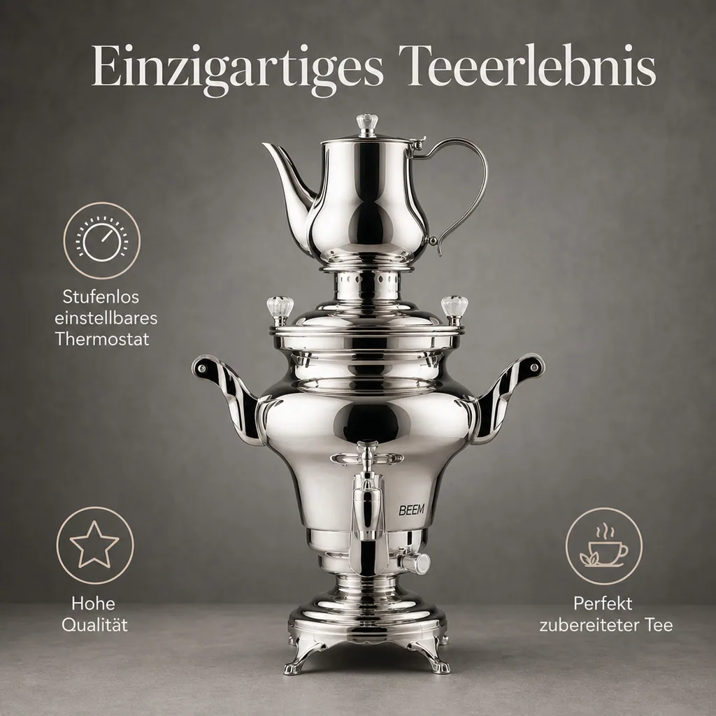 Samowar mit Teekocher, Russischer Teekessel Elektrisch - Rebecca III, mit Dispenser, Edelstahl, 5L