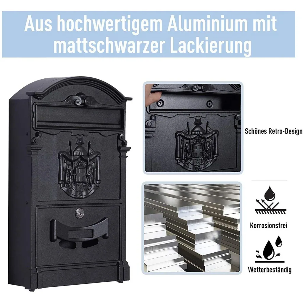 Postkasten Briefkasten abschließbar mit Schutzklappe inkl. 2 Schlüssel Aluminium Schwarz 25,5 x 8,5 x 41 cm