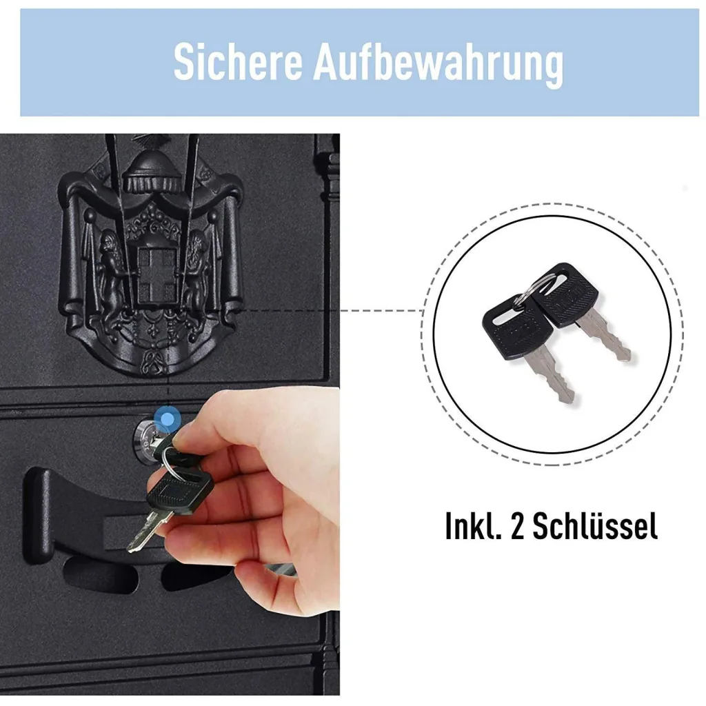 Postkasten Briefkasten abschließbar mit Schutzklappe inkl. 2 Schlüssel Aluminium Schwarz 25,5 x 8,5 x 41 cm