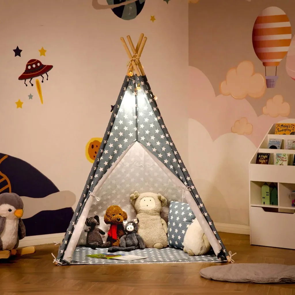 Tipi-Zelt für Kinder mit Bodenmatte und Kopfkissen, Blau+Weiß, 120 x 120 x 155 cm