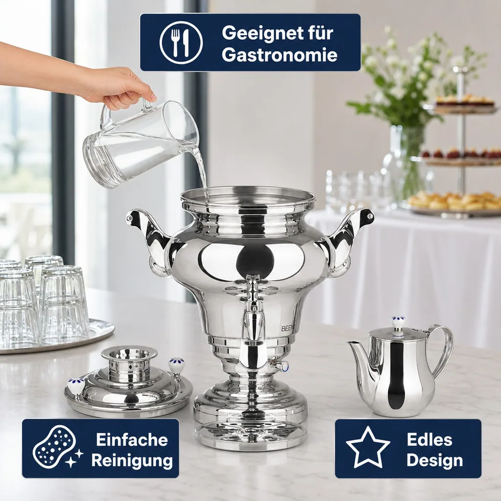 Samowar mit Teekocher, Russischer Teekessel Elektrisch - Royal, mit Dispenser, Edelstahl, 15L