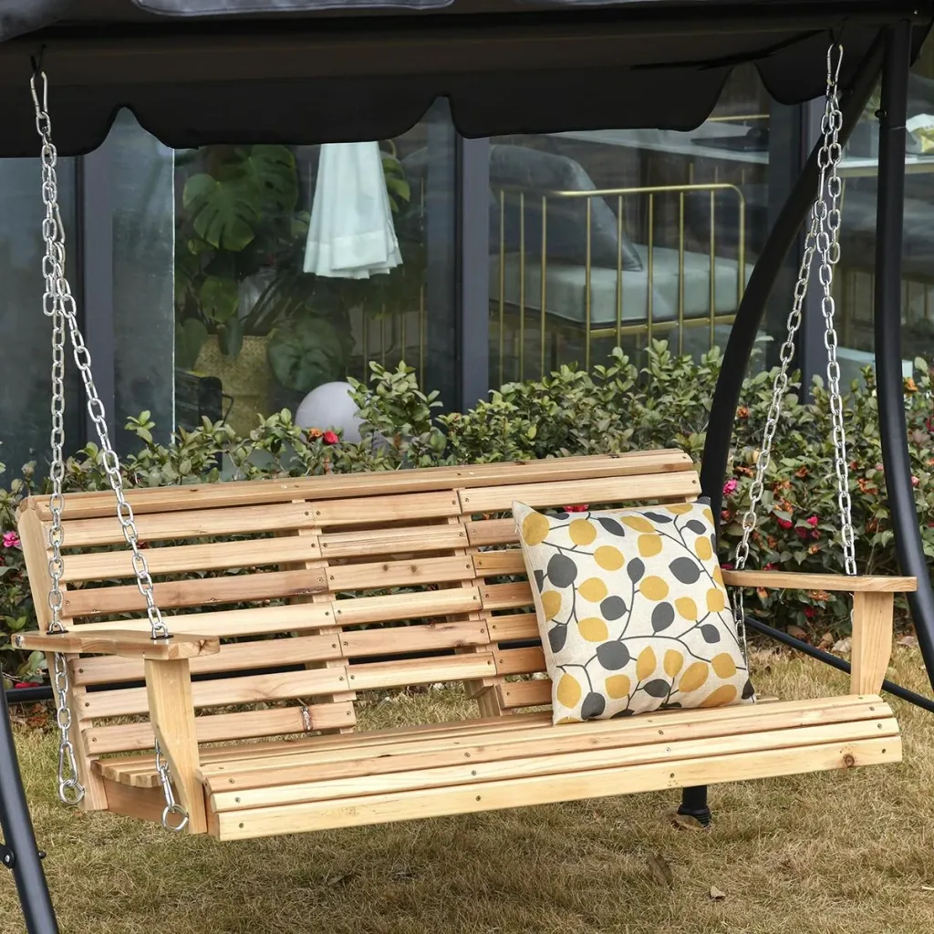 Hängebank Gartenschaukel Schaukelbank mit faltbarem Couchtisch für 2-3 Personen Tannenholz Patio Terrasse Hinterhof komf
