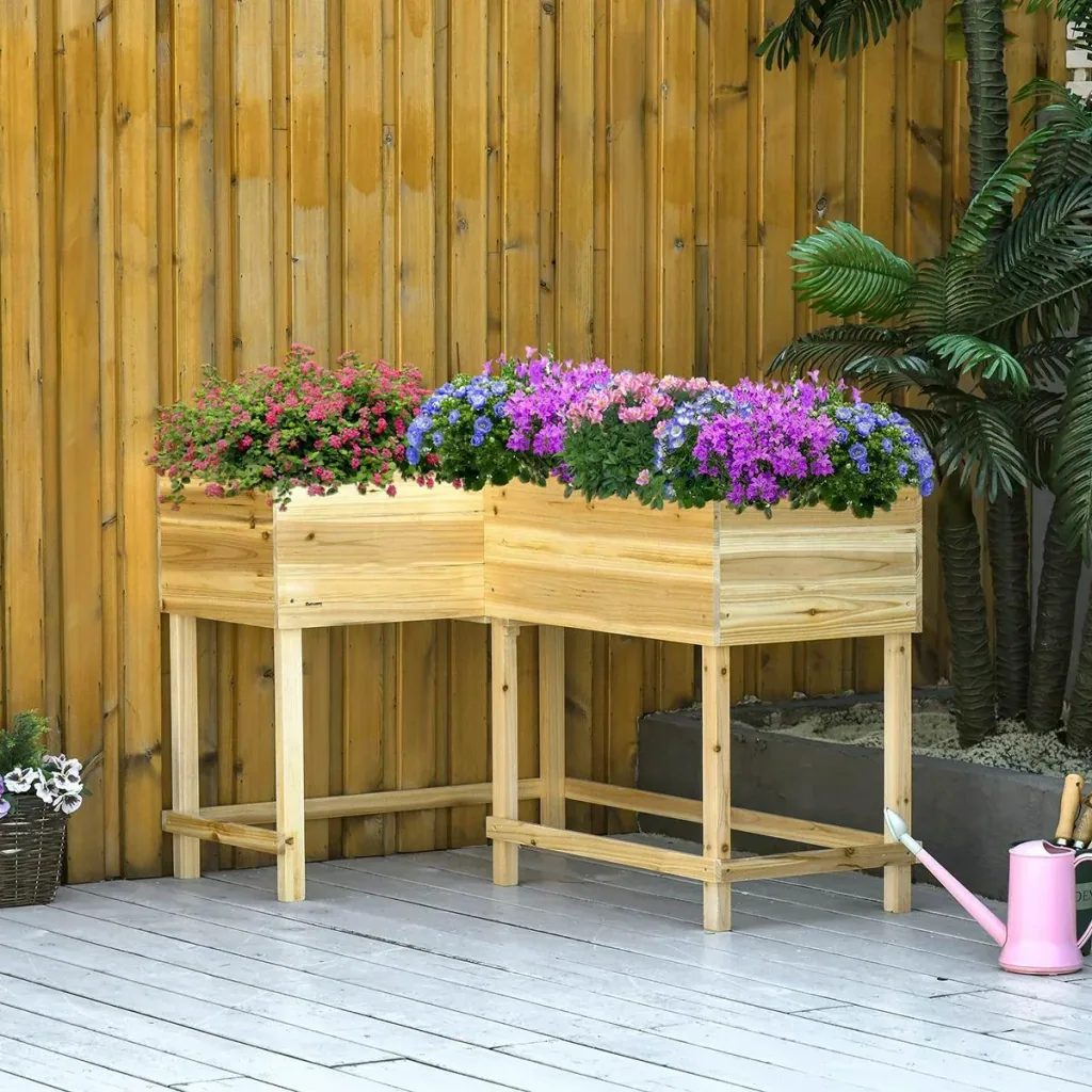 Hochbeet Holz Pflanzkasten mit Bewässerungssystem Vliesstoff Blumenkasten Blumentopf Kräuterbeet Natur 121 x 91 x 81 cm