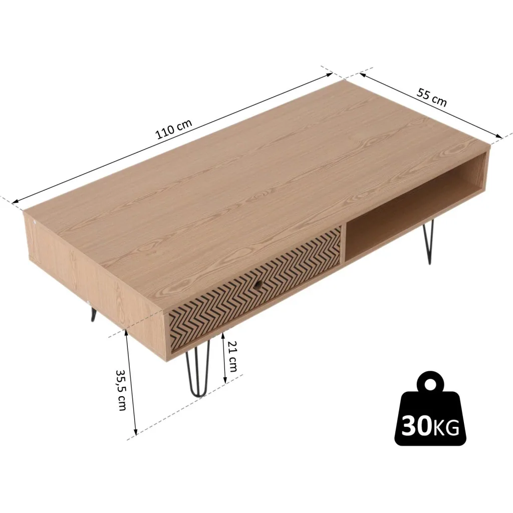 Couchtisch Beistelltisch Sofatisch Fernsehtisch Kaffeetisch mit Schublade Holz Eiche 110 x 55 x 35,5 cm