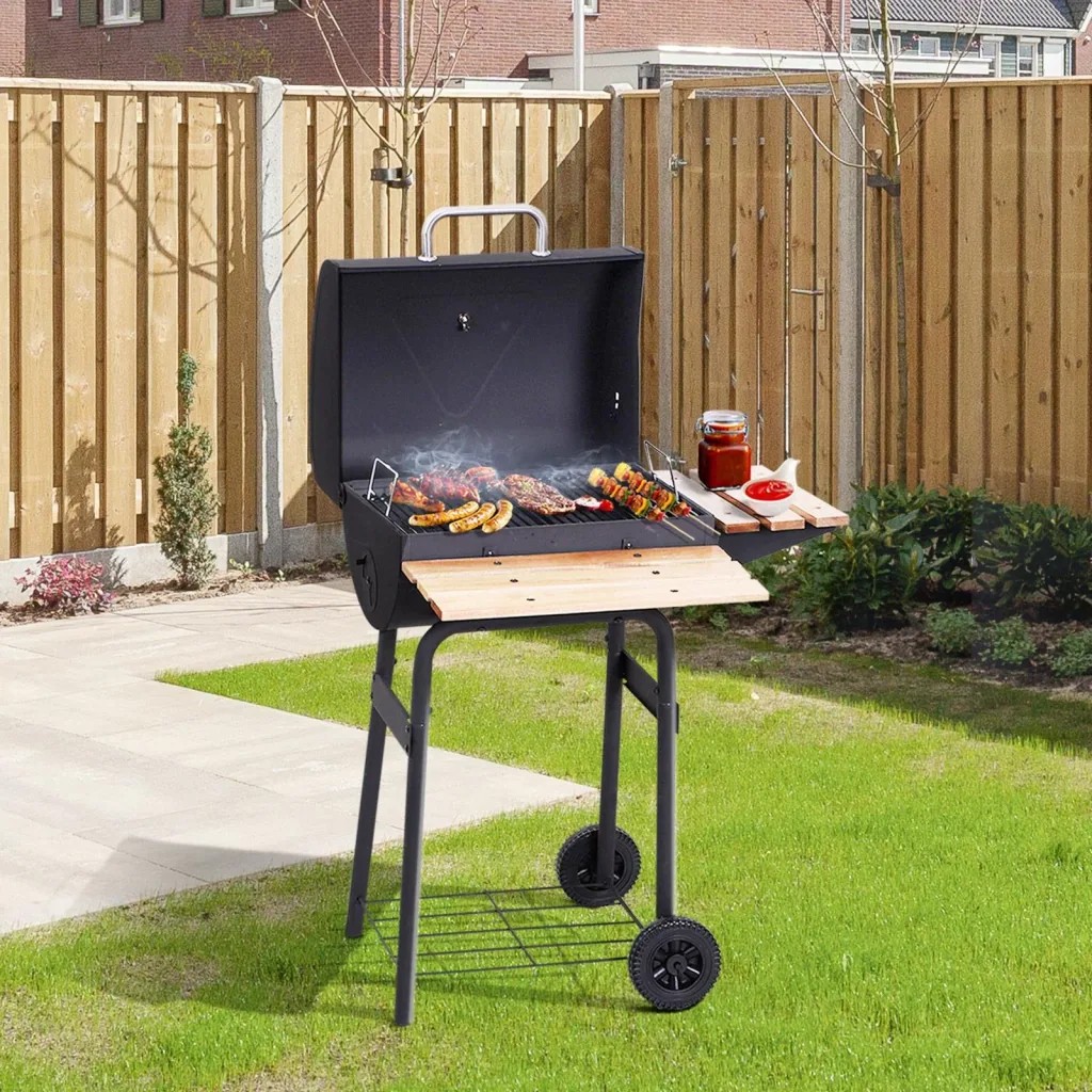 Kohlegrill Grillwagen Grillstation Standgrill mit Thermometer 3 x Ablage Edelstahl Schwarz
