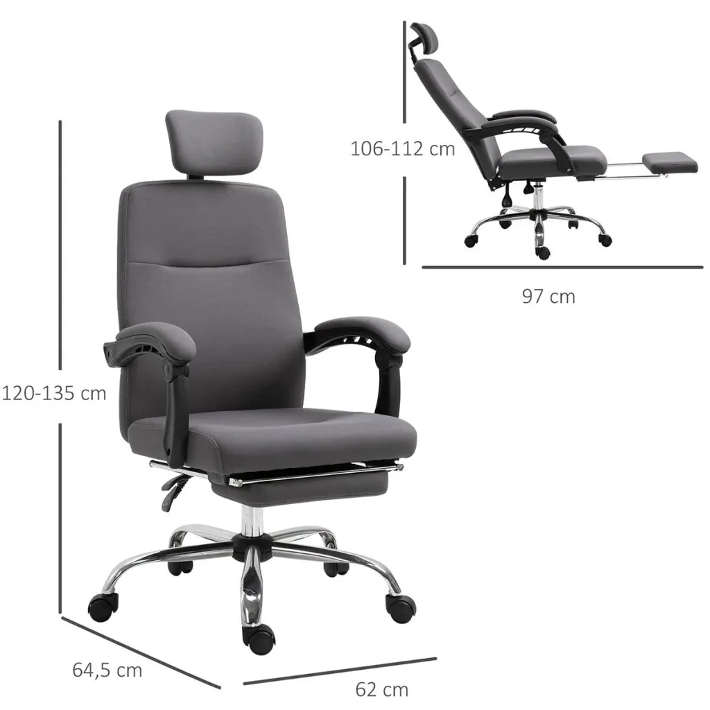 Bürostuhl mit Fußstütze&verstellbarer Kopfstütze, Ergonomisch höhenverstellbar, Grau, 62 x 64,5 x 120-135 cm