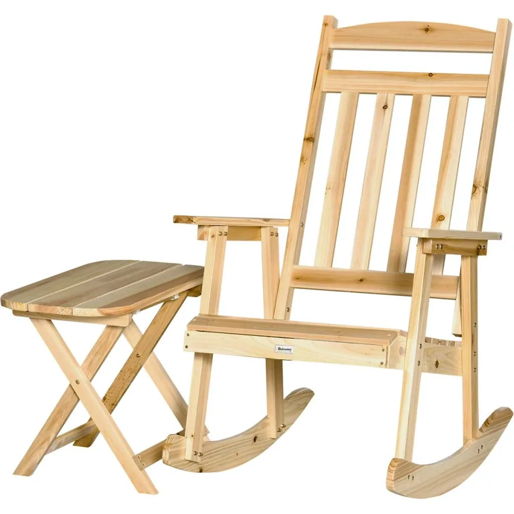 Holzschaukelstuhl mit Beistelltisch 2-teiliges Schaukelstuhlset mit Armlehnen und hoher Rückenlehne