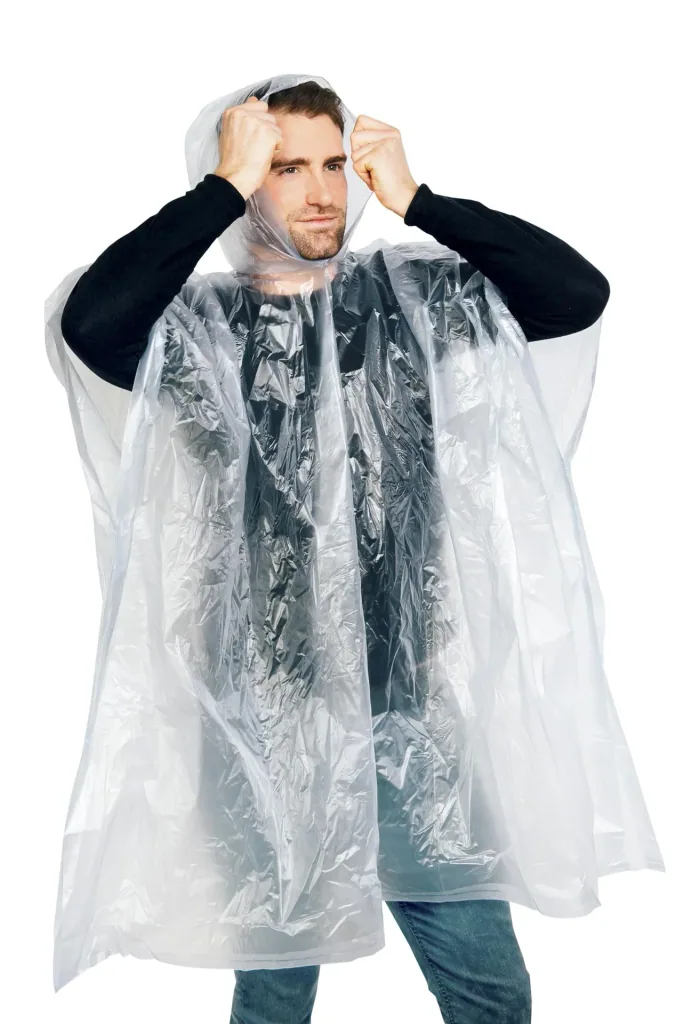 Regenponcho in Einheitsgröße, wasserfest, mit Druckknöpfen, Farbe transparent