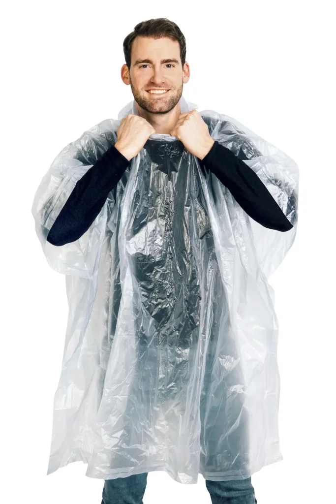 Regenponcho in Einheitsgröße, wasserfest, mit Druckknöpfen, Farbe transparent