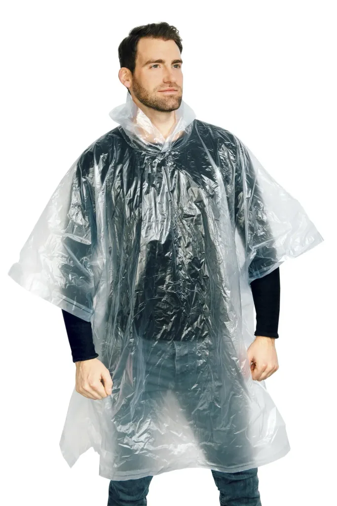 Regenponcho in Einheitsgröße, wasserfest, mit Druckknöpfen, Farbe transparent