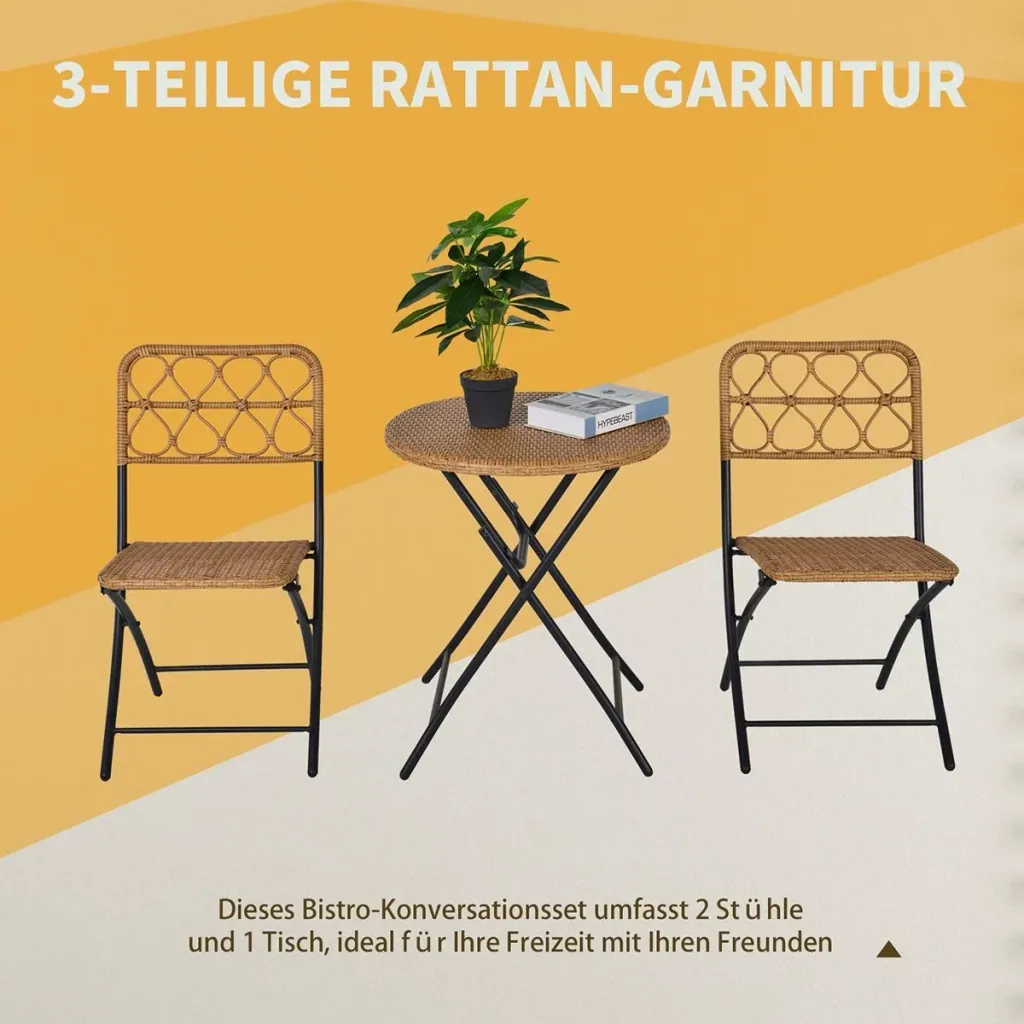 3 tlg. Polyrattan Sitzgruppe Bistroset Balkonset Garnitur 2 Stühlen + Tisch Klappbar Garten Natur