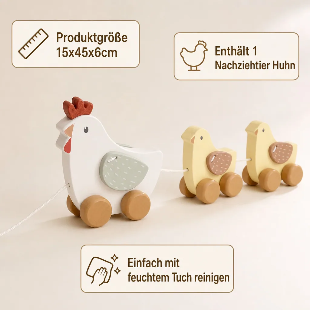 Little Dutch Nachziehtier Hühner: Holz Spielzeug zum Hinterherziehen - Fördert Motorik & Laufen lernen (ab 18 Monaten)