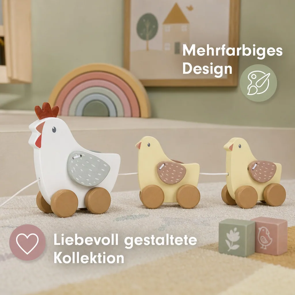Little Dutch Nachziehtier Hühner: Holz Spielzeug zum Hinterherziehen - Fördert Motorik & Laufen lernen (ab 18 Monaten)