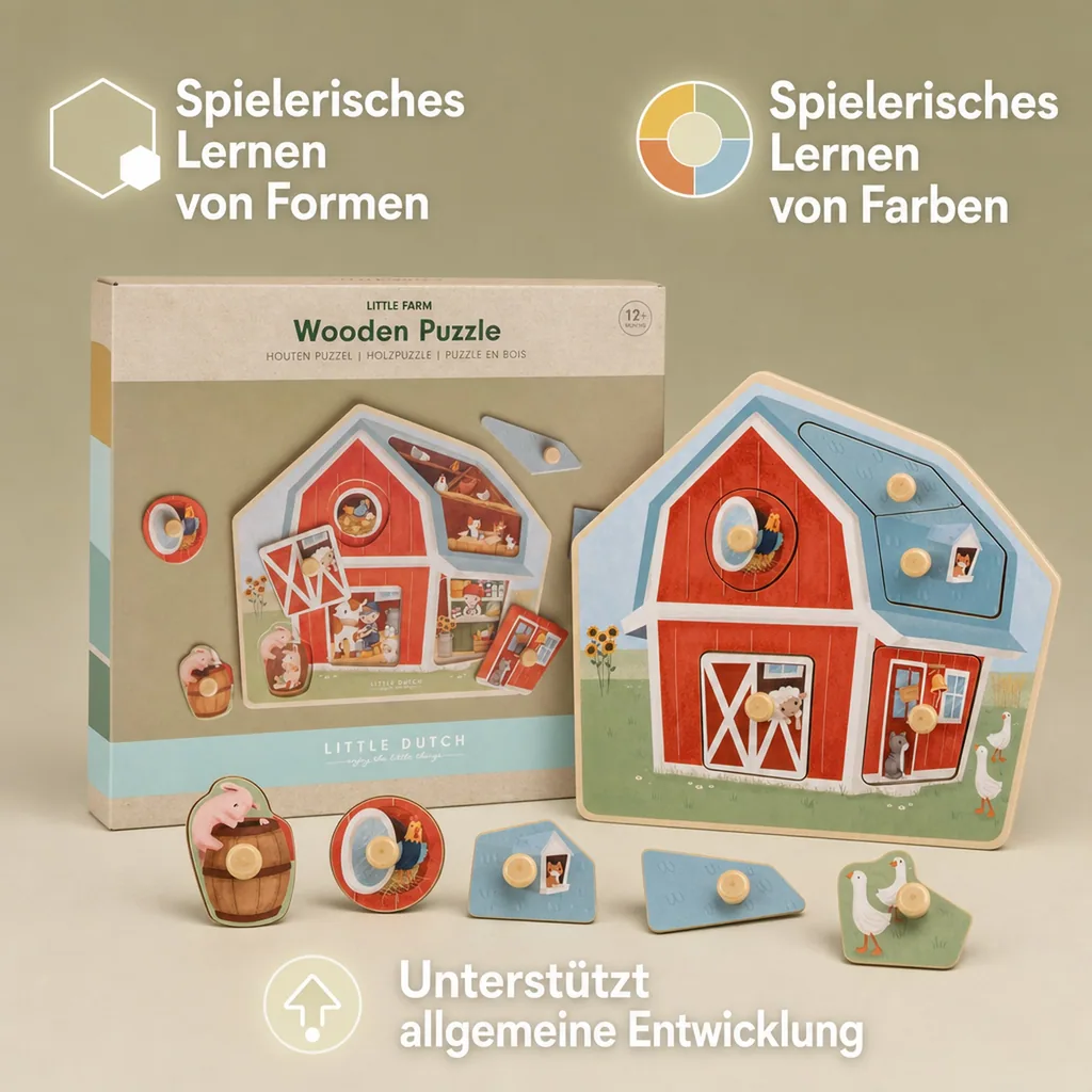 Little Dutch Holzpuzzle, Kinderpuzzle Little Farm - 6 Teile für Kleinkinder ab 1 Jahr