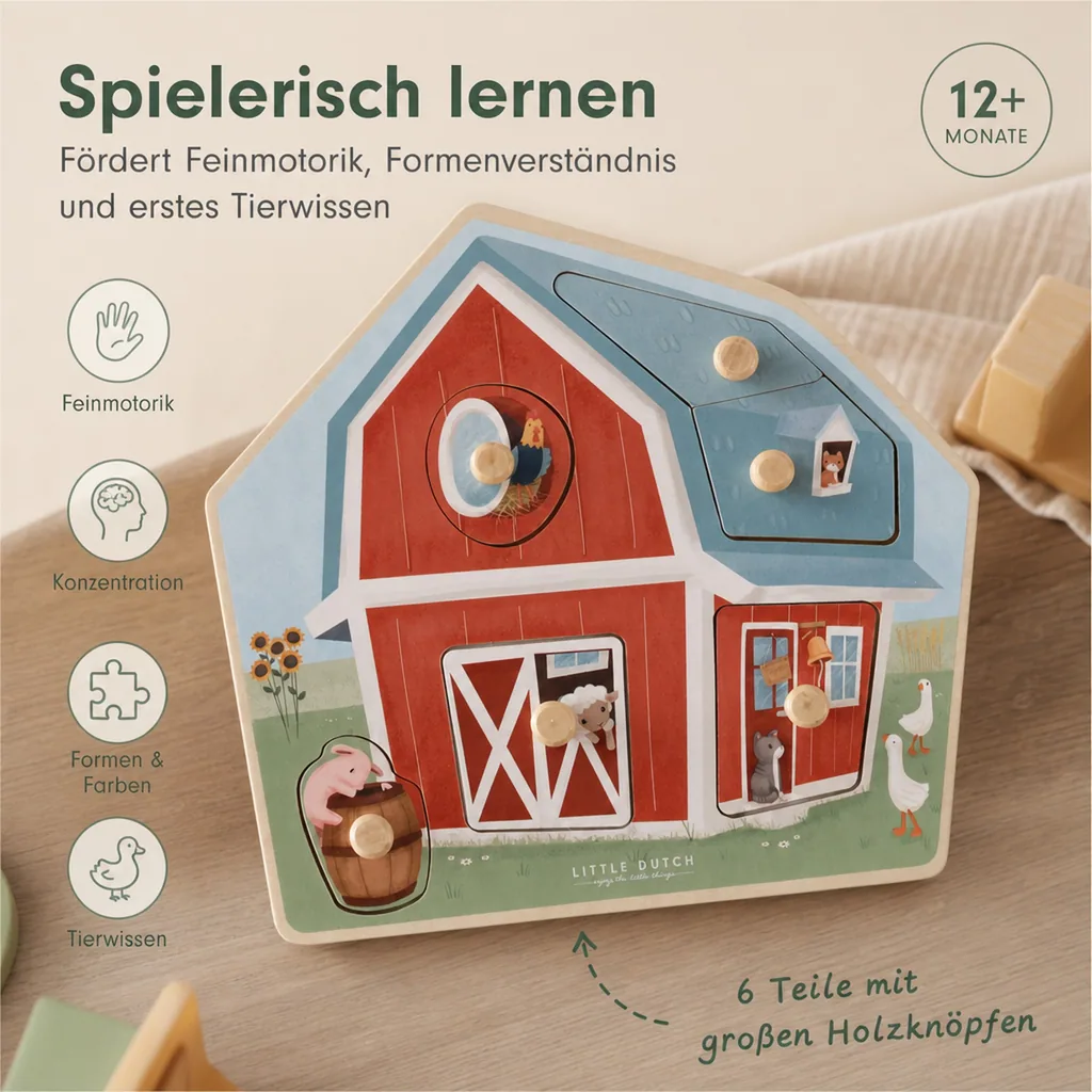 Little Dutch Holzpuzzle, Kinderpuzzle Little Farm - 6 Teile für Kleinkinder ab 1 Jahr