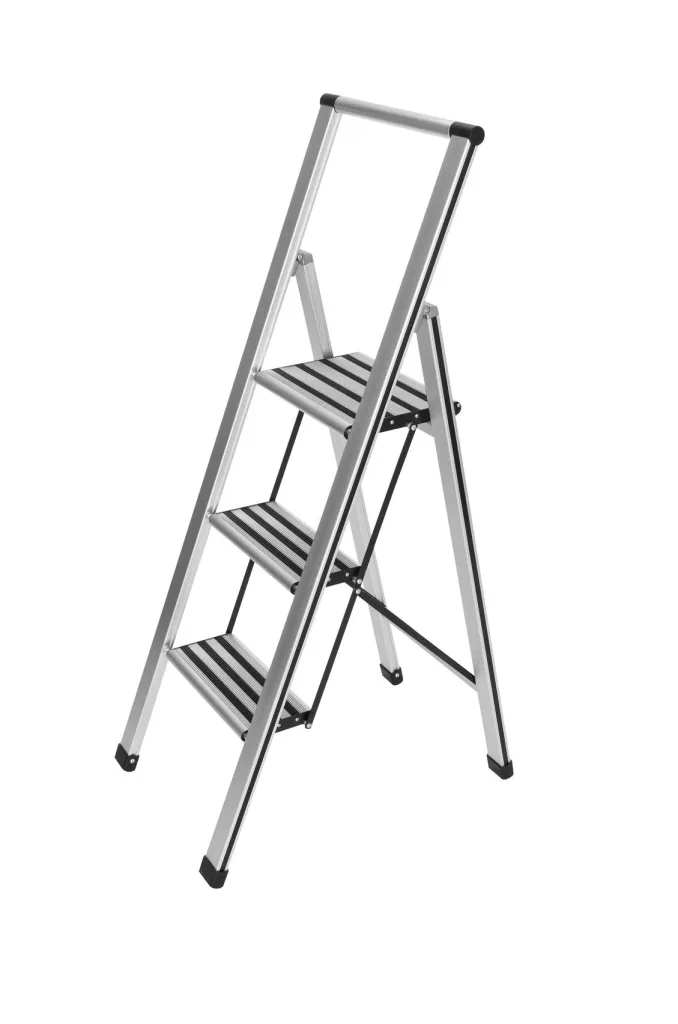 Alu-Design Klapptrittleiter 3-stufig Silber, rutschfeste Haushaltsleiter, Sicherheits-Stehleiter